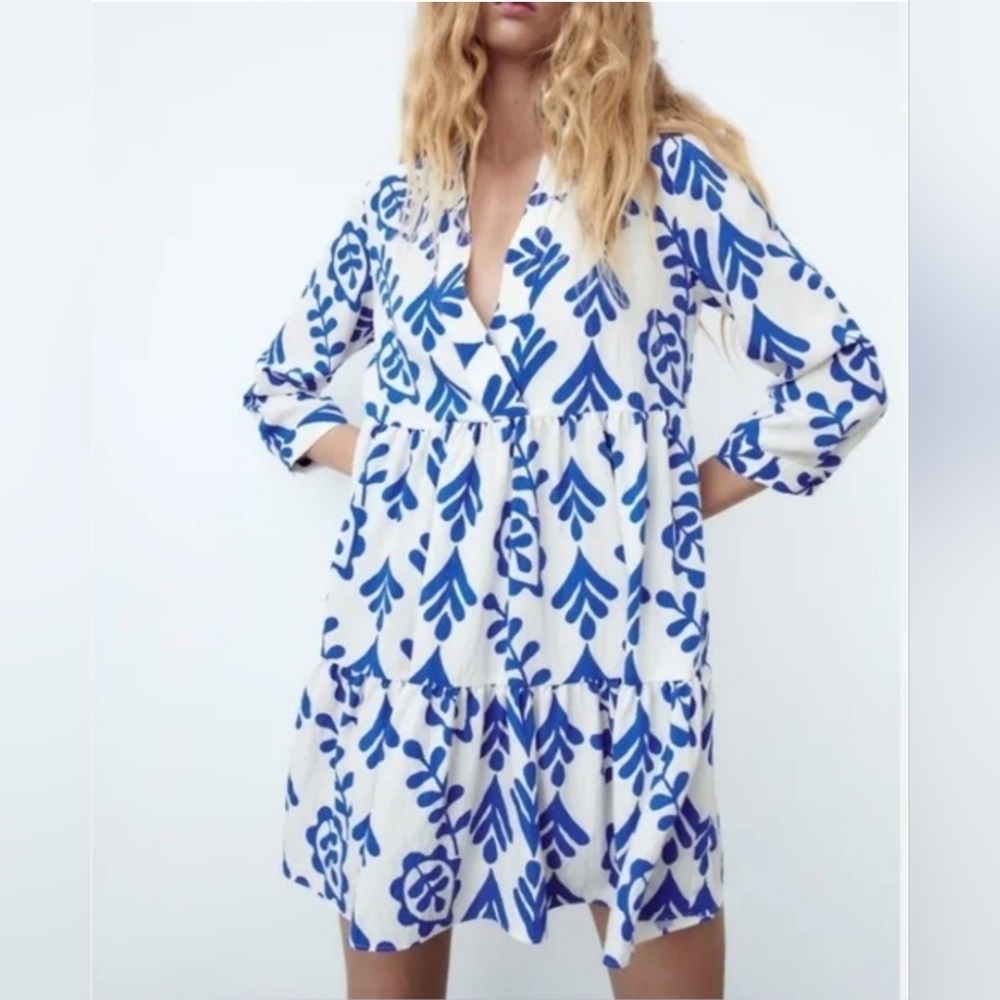 Zara Blue and Cream Floral Dress